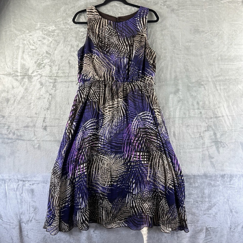 AA Studio AA Dress Women's 10 Purple Tan Brown Leaf Print Floral.